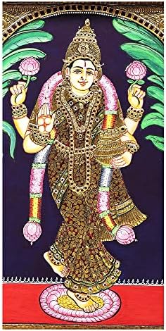 הודו האקזוטי 17 x 21 אלת עומדת לקשמי טנג'ור ציור | צבעים מסורתיים עם זהב 24 קראט | Teakwood Fr